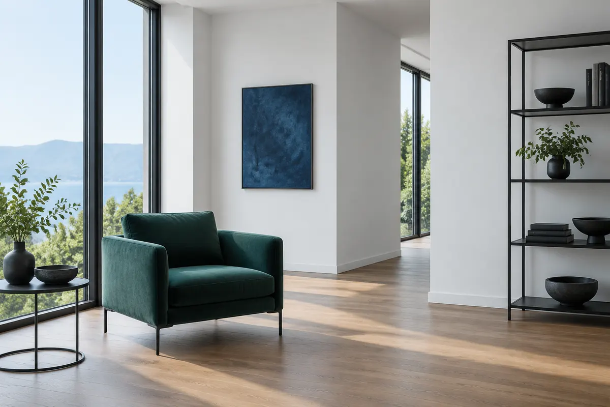 Heller Salon mit petrolfarbenem Sessel in der Owner-Cove-Clubetage