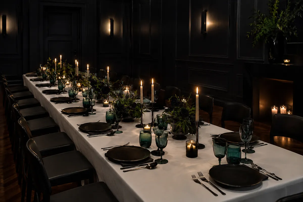 Lange gedeckte Tafel für die Owner-Cove-Dinner-Reihe